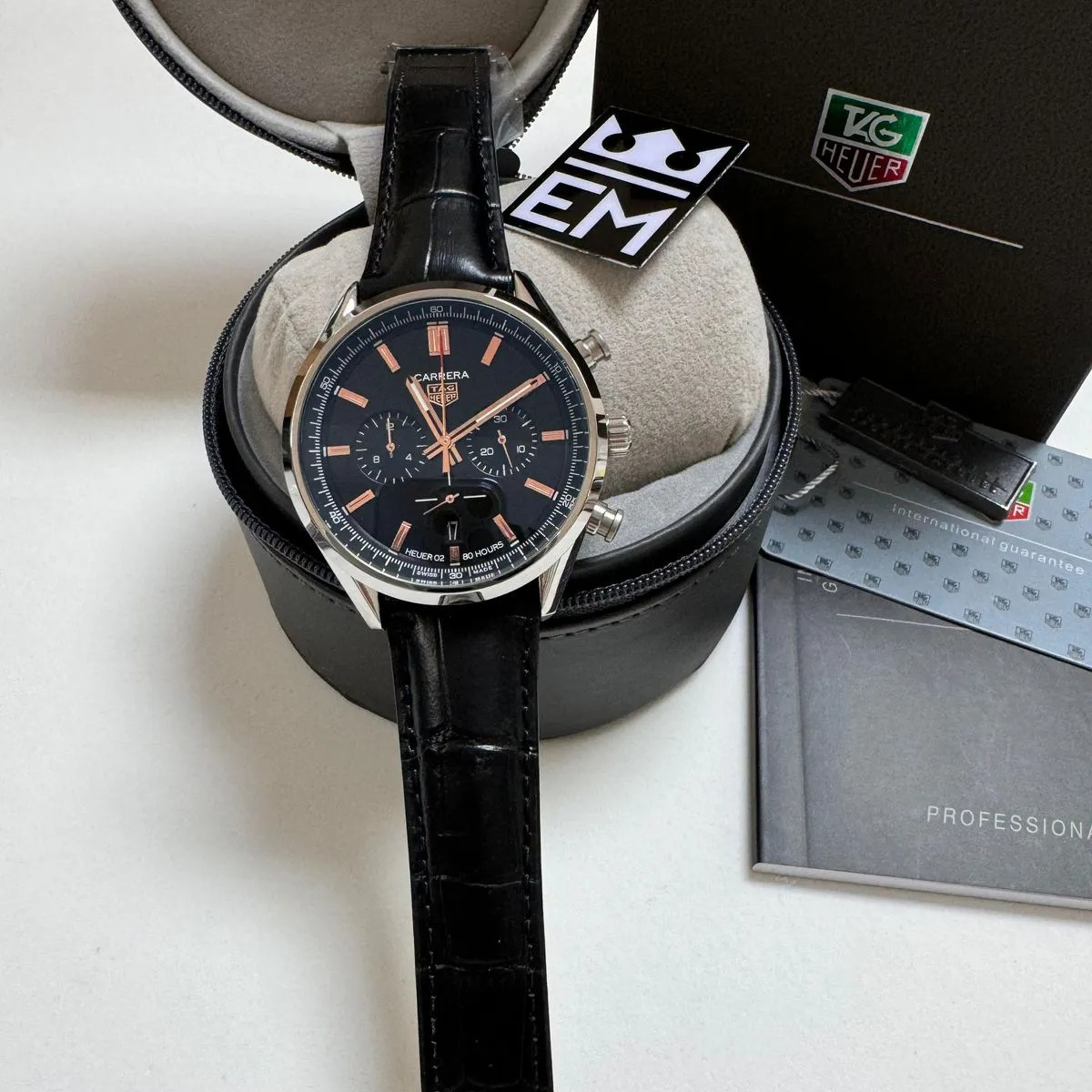 TAG Heuer Carrera Chronograph – Black/Rose Gold Leather Strap - Image 2