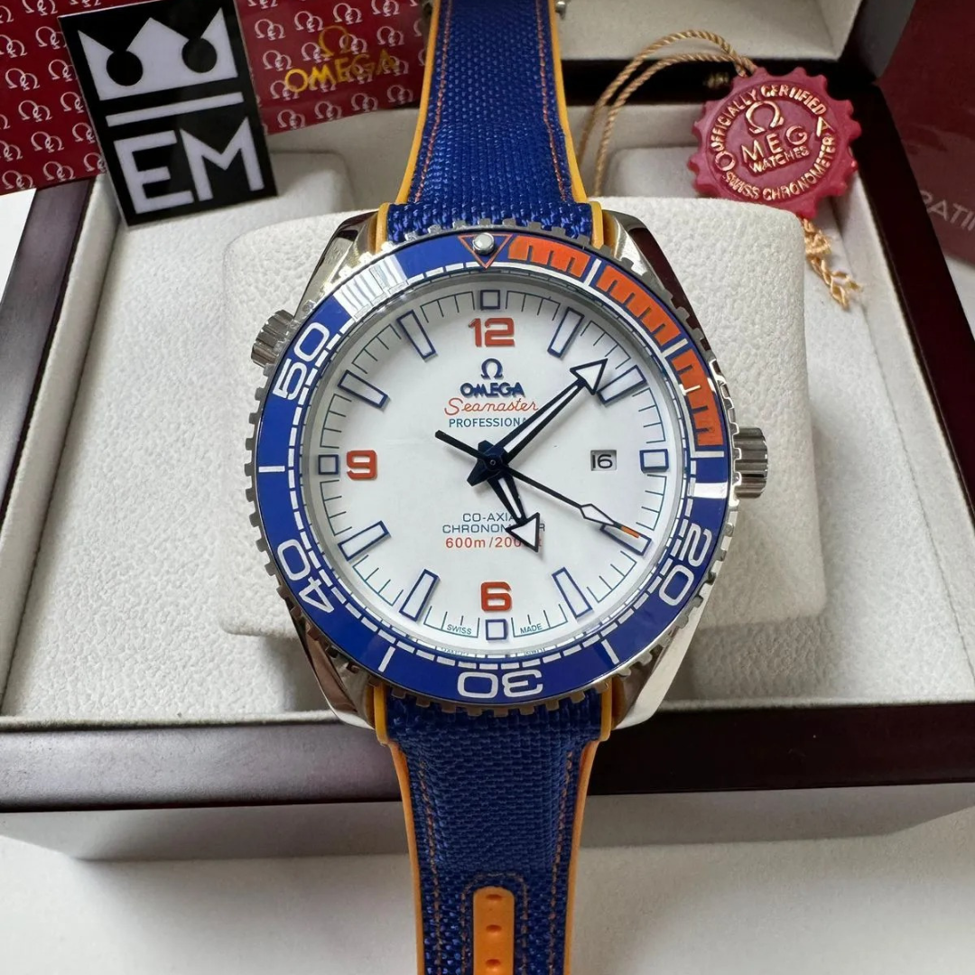 Omega Seamaster Planet Ocean “Co-Axial Chronometer” – Blue/Orange | White Dial - Image 2