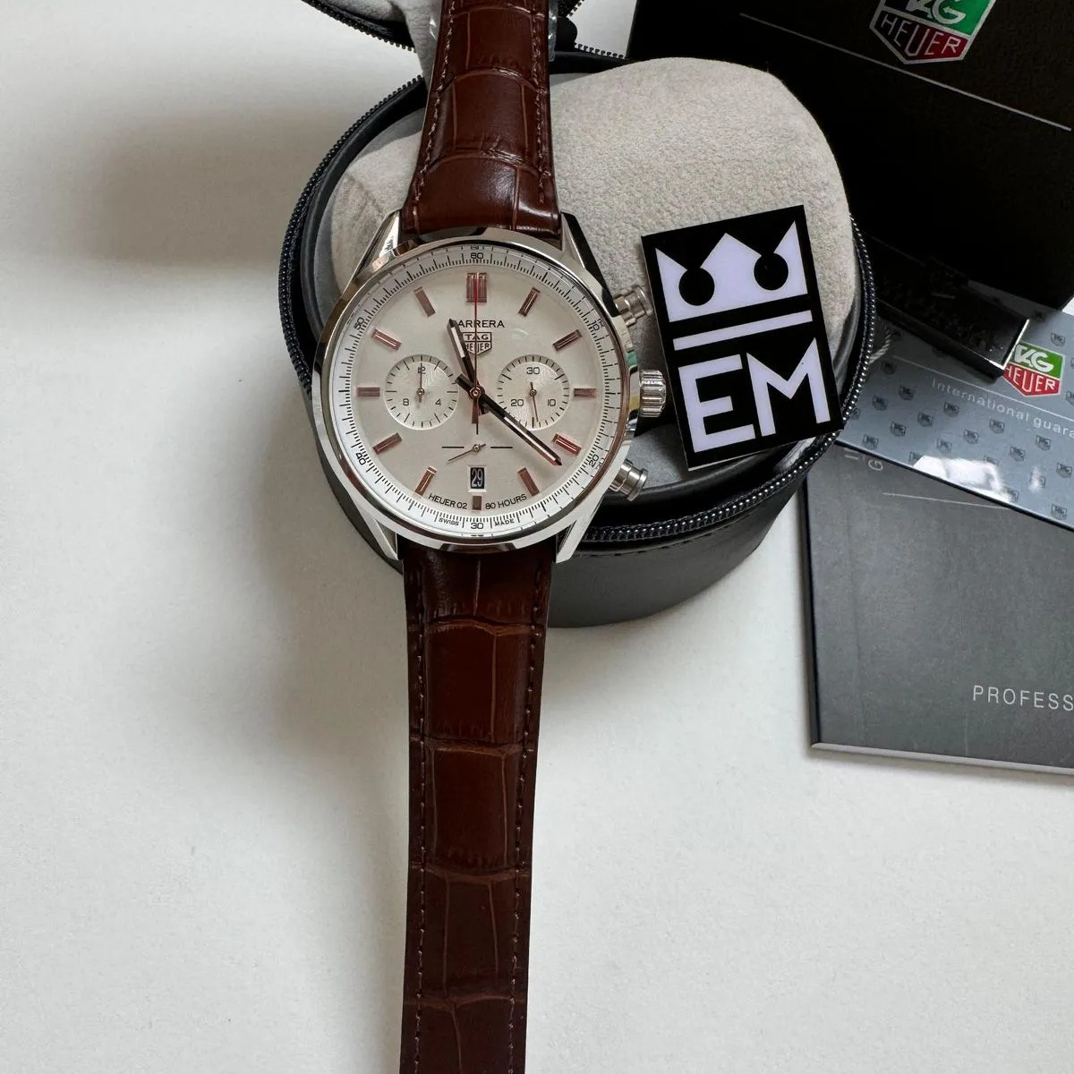 TAG Heuer Carrera Chronograph – Silver/Rose Gold Brown Leather Strap - Image 2