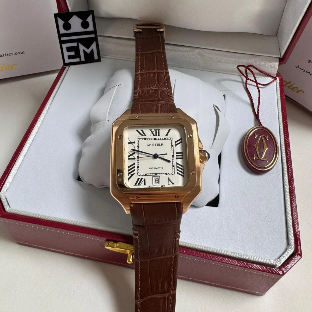 Cartier Santos Automatic – Gold with Brown Leather Strap - Image 2
