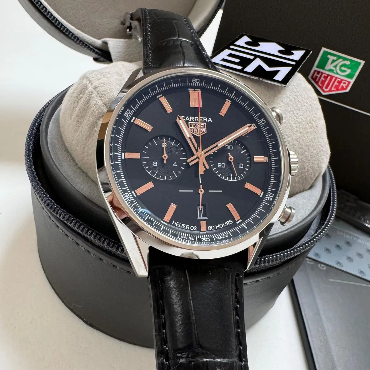 TAG Heuer Carrera Chronograph – Black/Rose Gold Leather Strap - Image 3