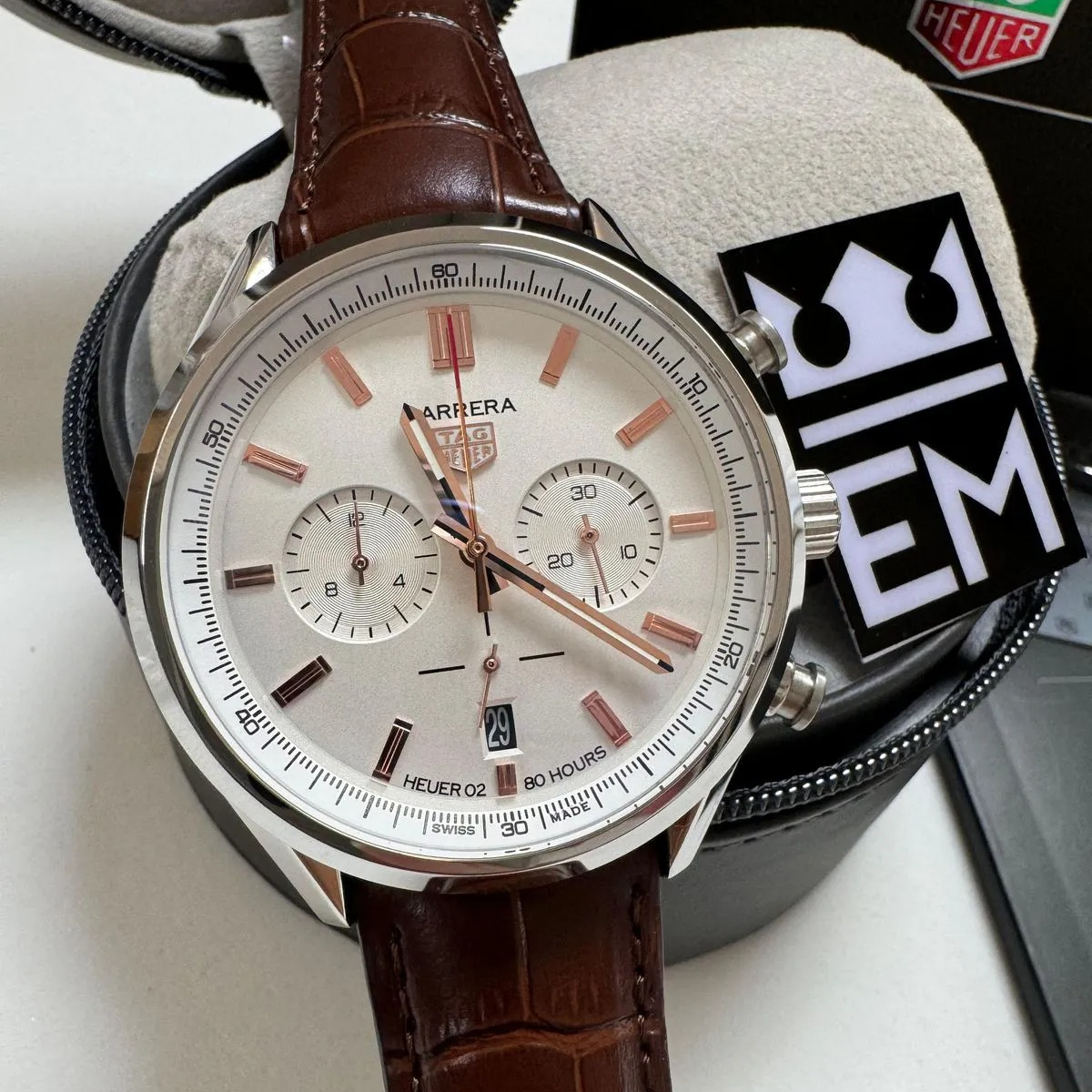 TAG Heuer Carrera Chronograph – Silver/Rose Gold Brown Leather Strap - Image 3