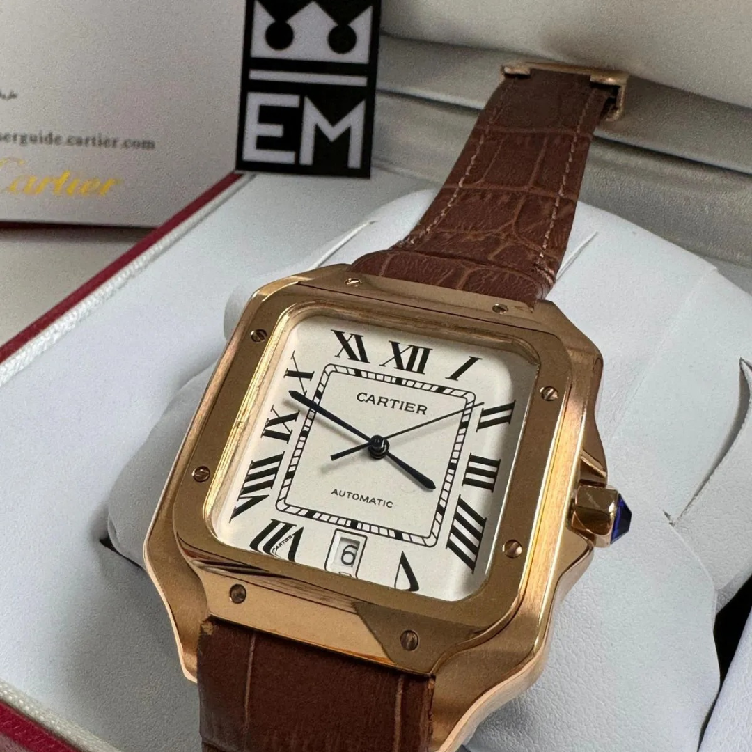 Cartier Santos Automatic – Gold with Brown Leather Strap - Image 3